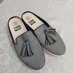 FitFlop Superskate Houndstooth Print Blue Slip-On Mules with Tassels Size 7.5